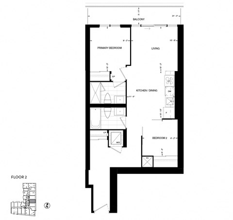 Floor plan for 2 beds, 2 baths, 780 sqft